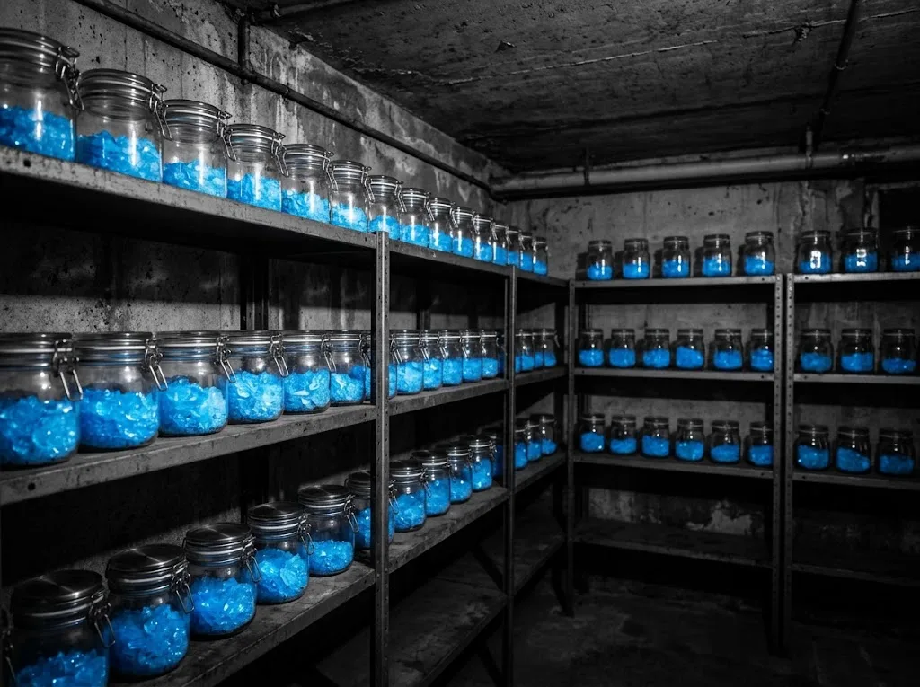Étagères remplies de pots bleus